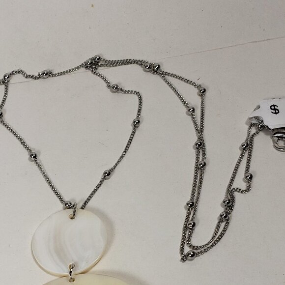 Women's 34" Polished Silver-tone Beaded Necklace & Drop Circle Seashell Pendant - Picture 7 of 8